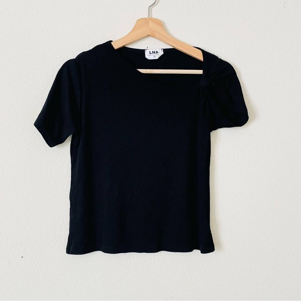 LNA XS black ribbed bow cutout left shoulder top